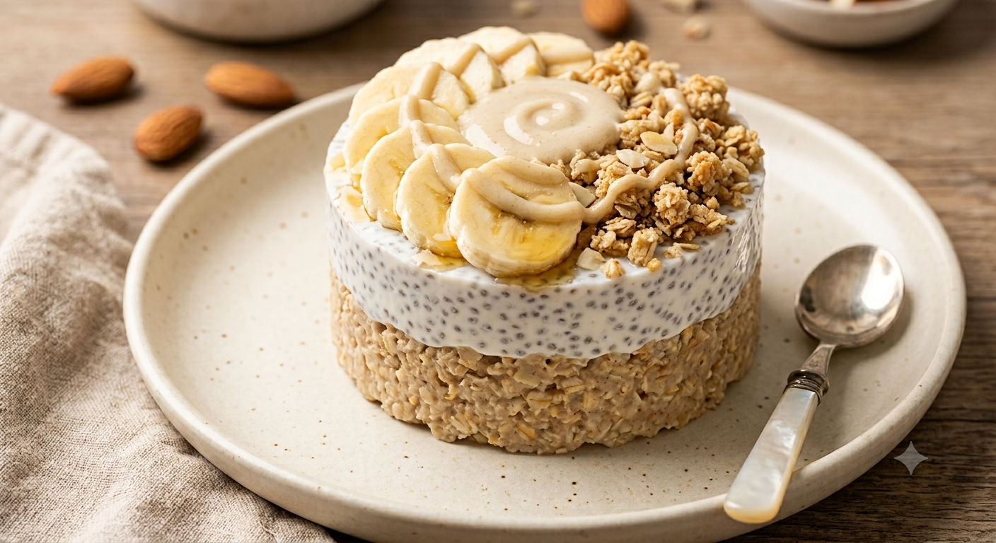 Tortino Freddo d'Avena e Skyr alla Banana, Mandorle e Crumble Croccante