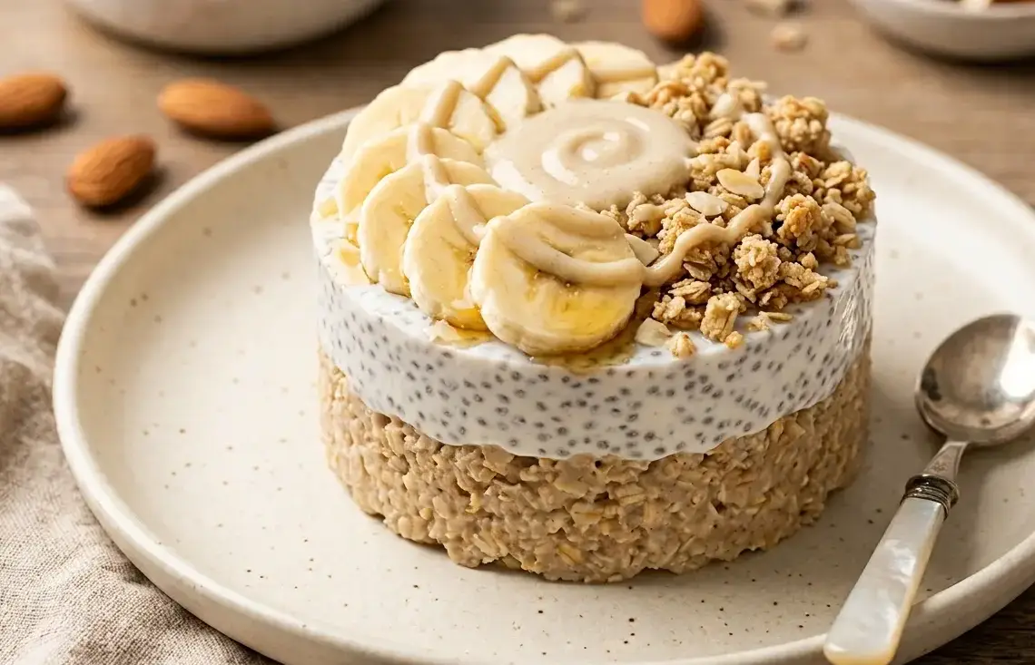 Tortino Freddo d'Avena e Skyr alla Banana, Mandorle e Crumble Croccante
