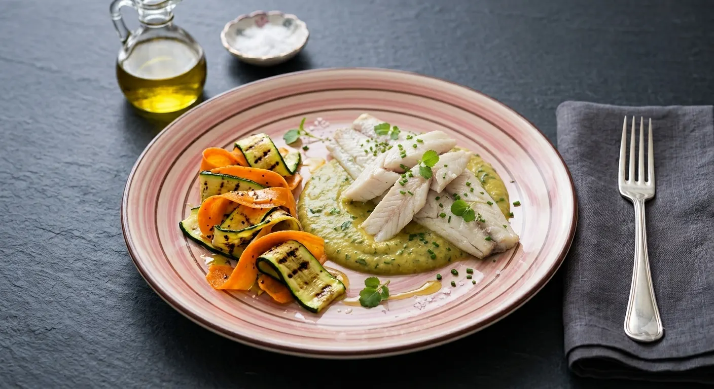Branzino in Manto Dorato: Filetto al Forno su Vellutata di Zucchine, Avena e Zenzero