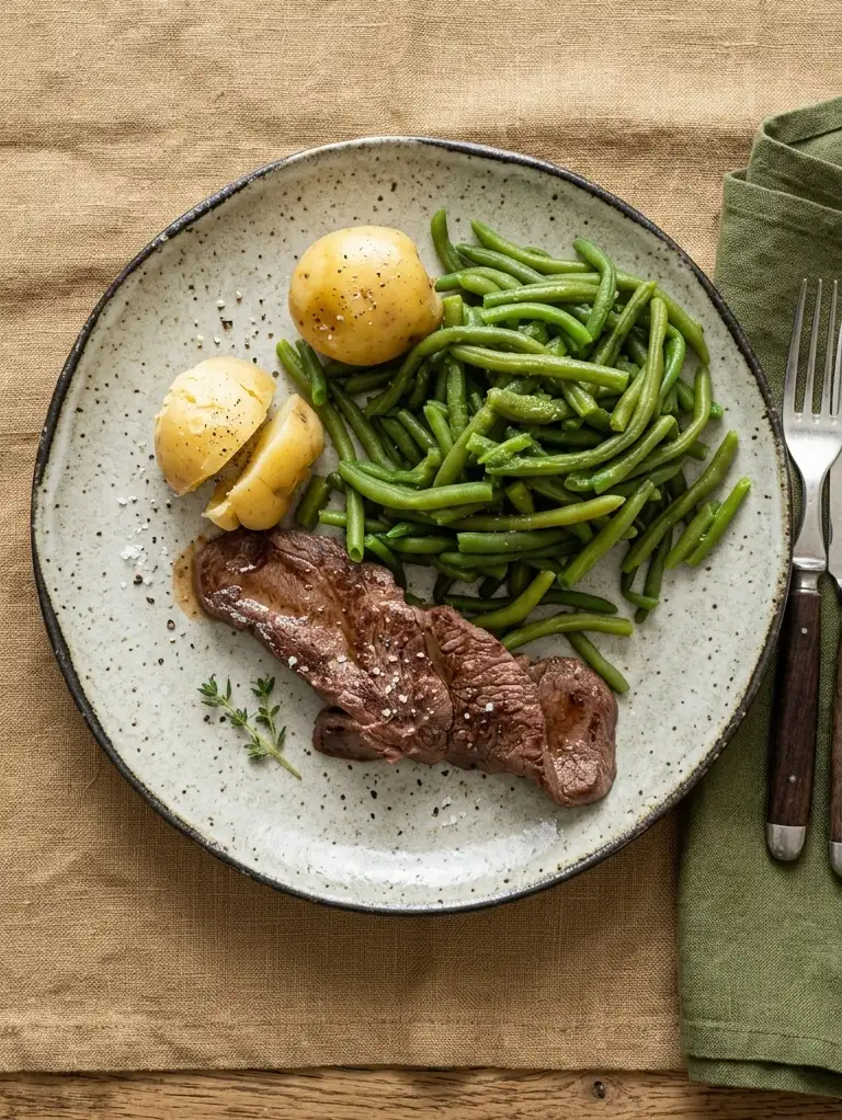 Bistecca di Cavallo ai Ferri con Patate e Fagiolini Lessi all'Olio EVO