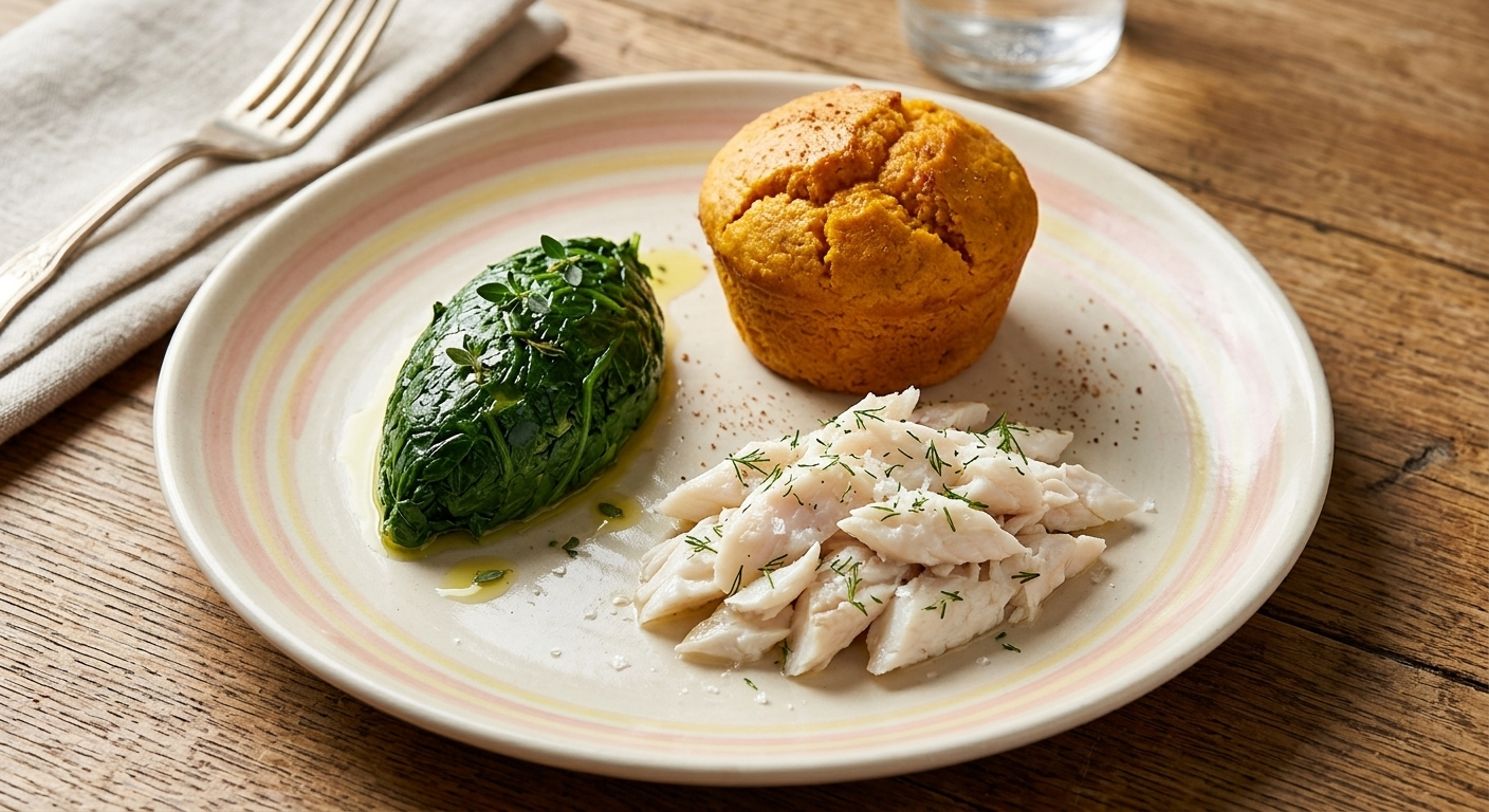 Cena Leggera di Branzino al Forno con Tortino d'Oro e Erbette al Vapore