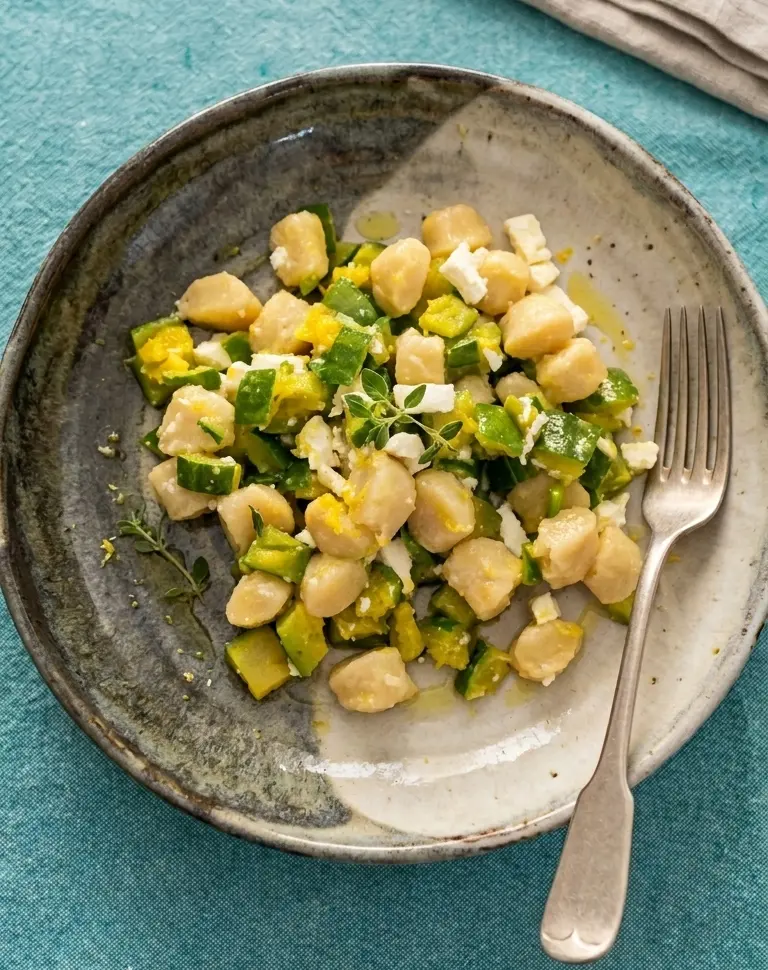 Gnocchi di Patate con Zucchine Lessate, Feta Delattosata e Olio EVO