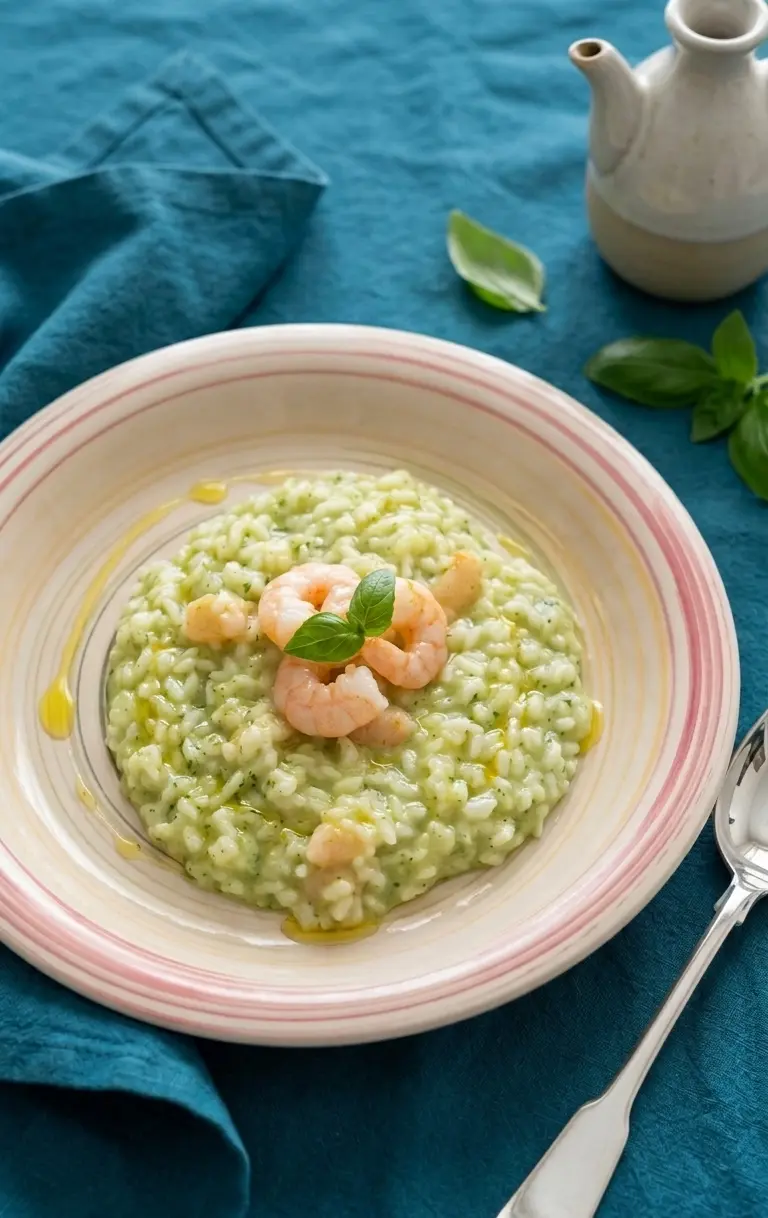 Risotto all'onda con Vellutata di Zucchine e Gamberi Scottati