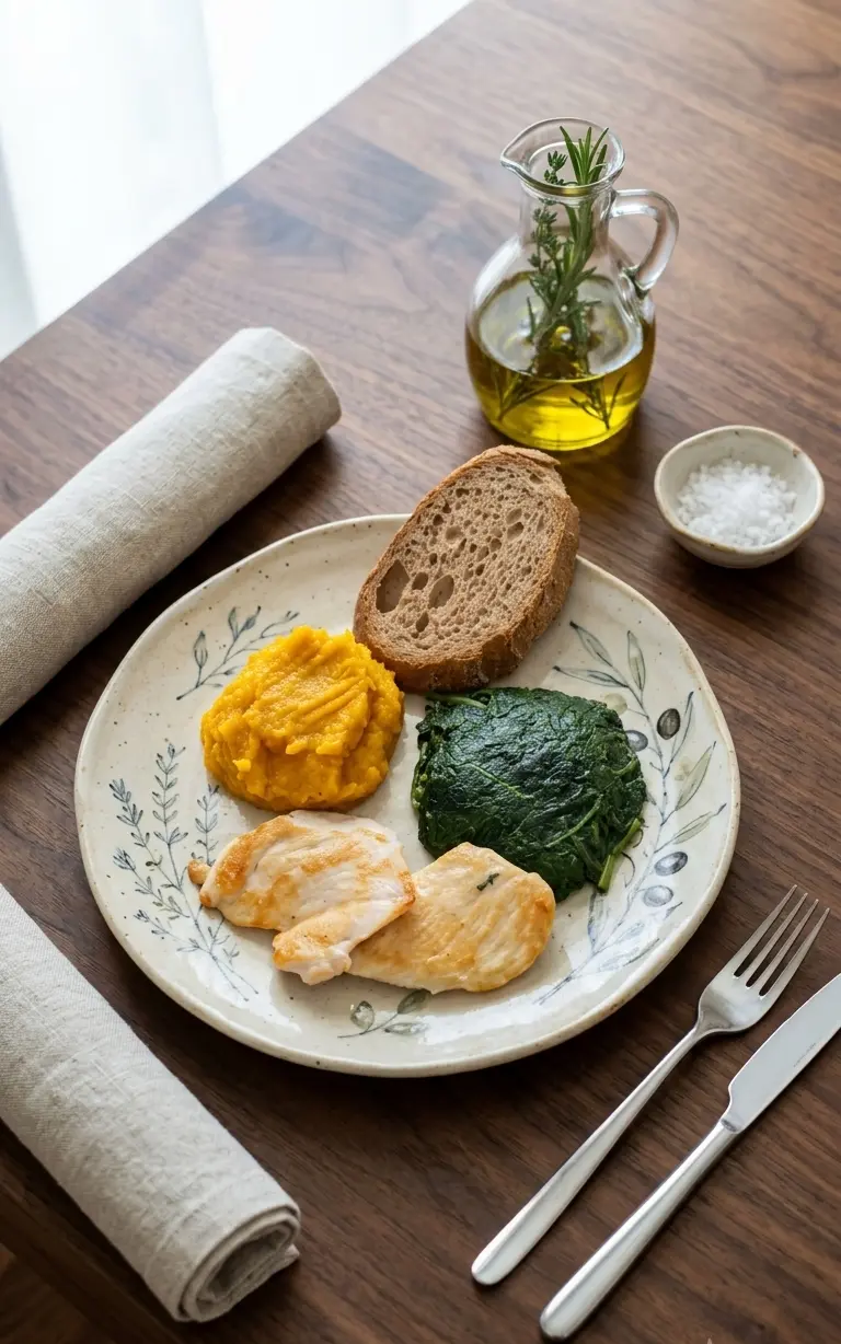 Purè Gentile di Zucca Delica al Latte d'Avena con Pollo Dorato, Erbette e Pane di Segale