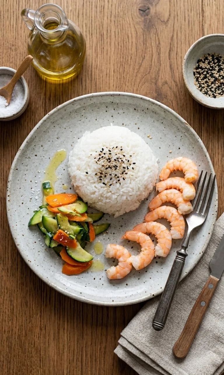 Riso Originario al Vapore con Mazzancolle Dorate, Zucchine e Carote Stufate