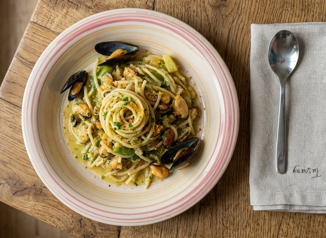 Pasta e Patate al Profumo di Mare con Cozze al Vapore e Scorza di Limone