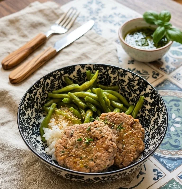 Riso al Vapore con Hamburger di Vitello Magro e Fagiolini