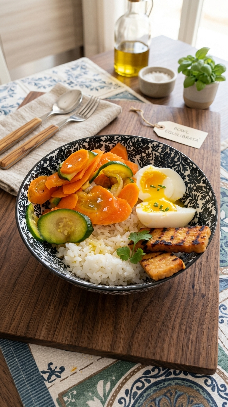 Poké Bowl Gentile con Riso al Vapore, Uovo alla Coque, Tempeh Marinato e Verdure Dolci
