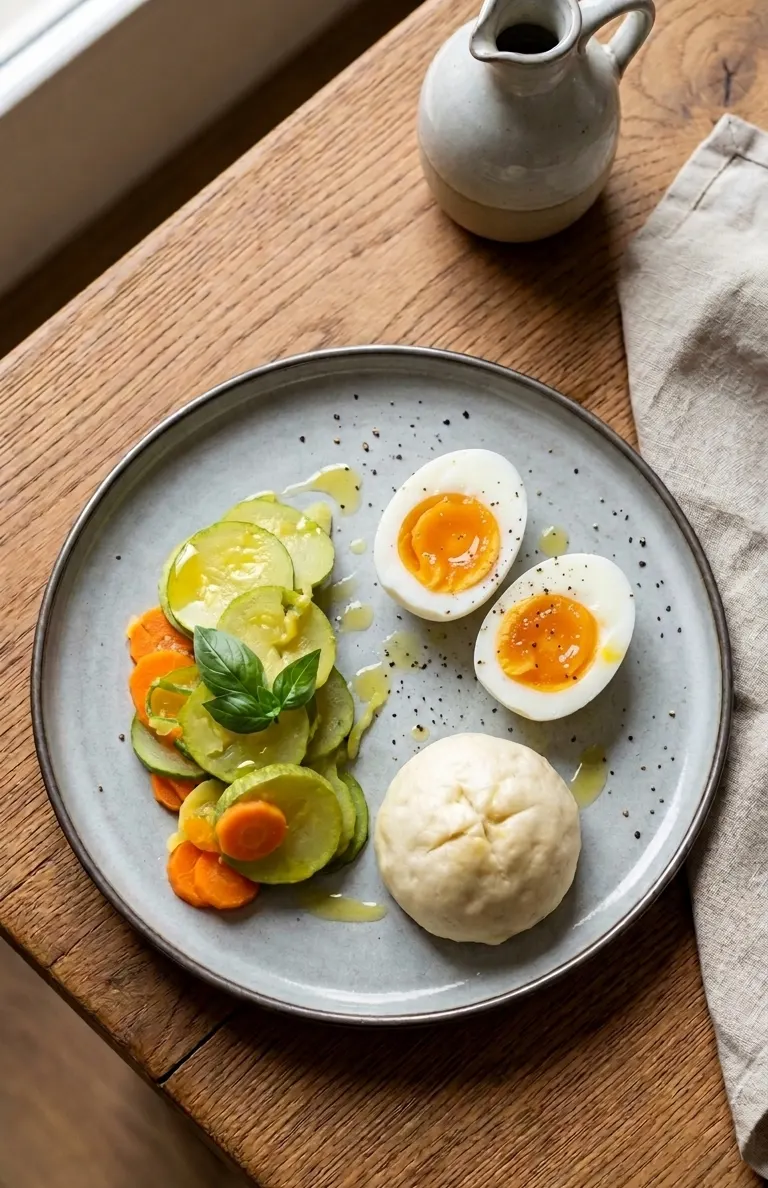 Piatto Unico Delicato: Uovo Barzotto, Mantou al Vapore e Zucchine al Basilico
