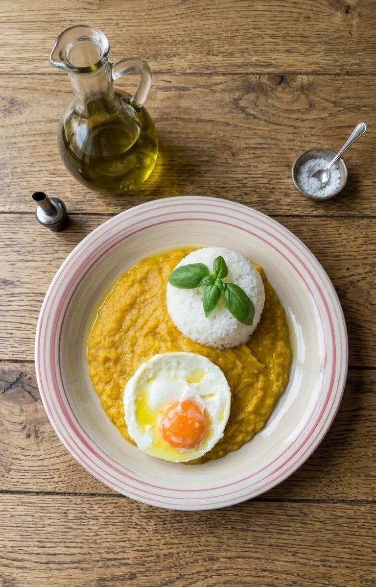 Crema Dorata con Riso al Vapore e Uovo Poché